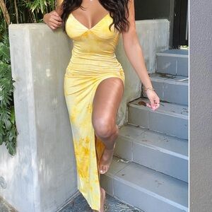 Fashion Nova Yellow Tie-Dye Slip Maxi Dress